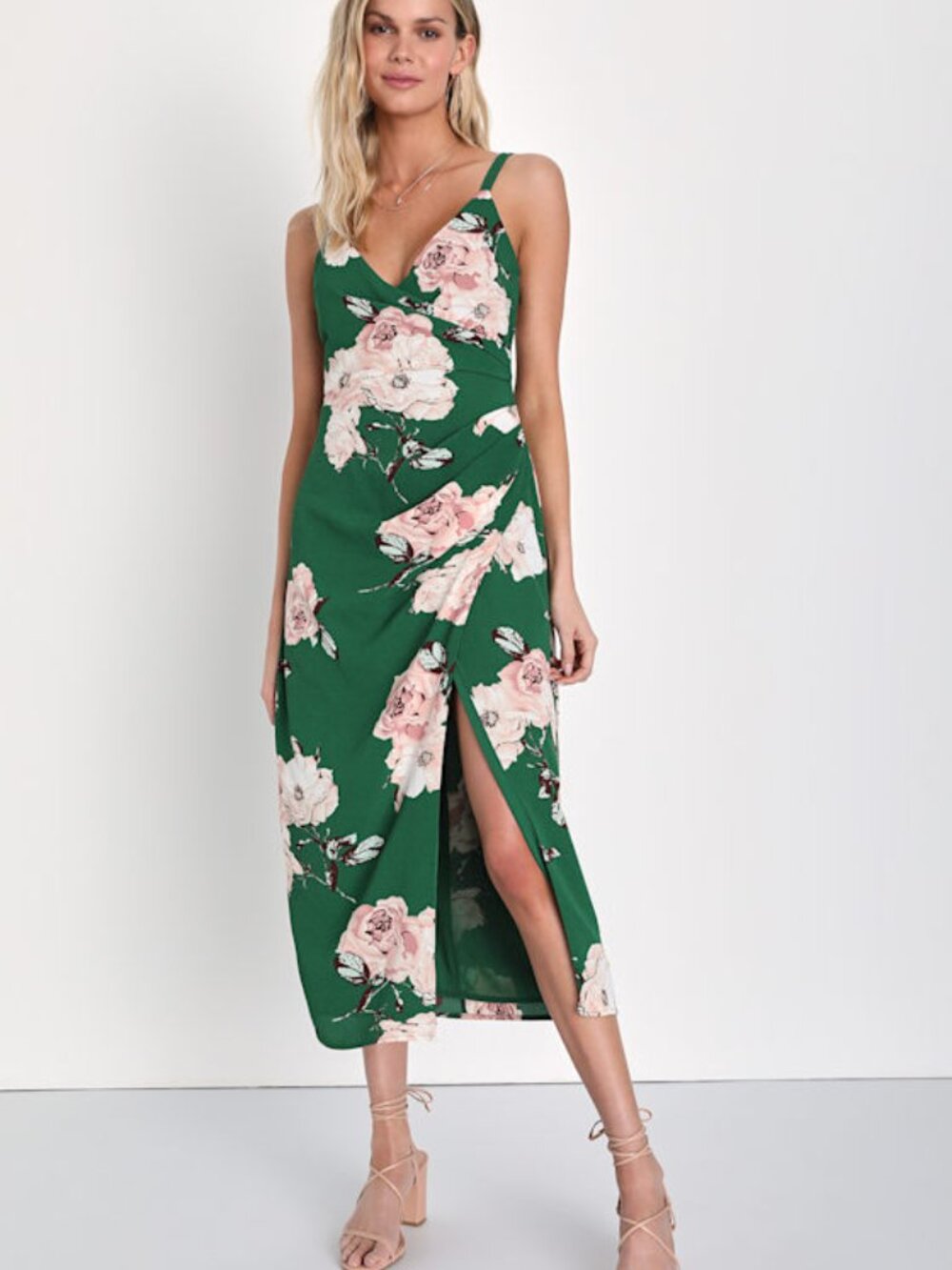 Lulus Draw You Close Green Floral Sleeveless Surplice Midi Dress - Size XS